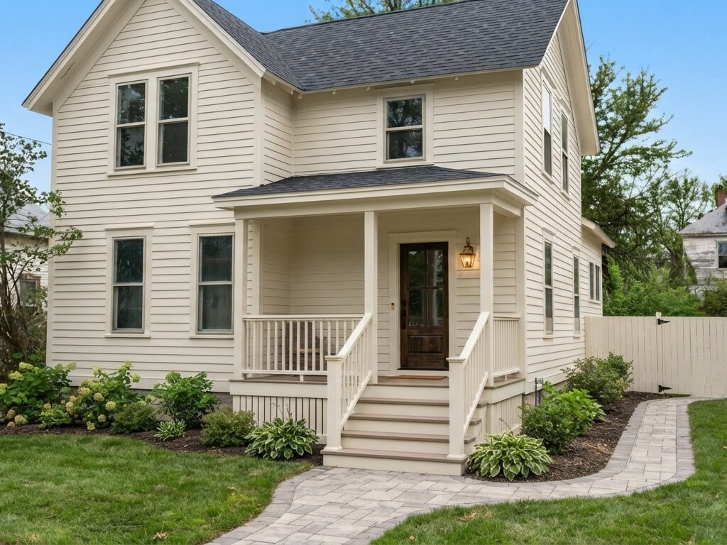 House exterior after repainting, fresh cream siding