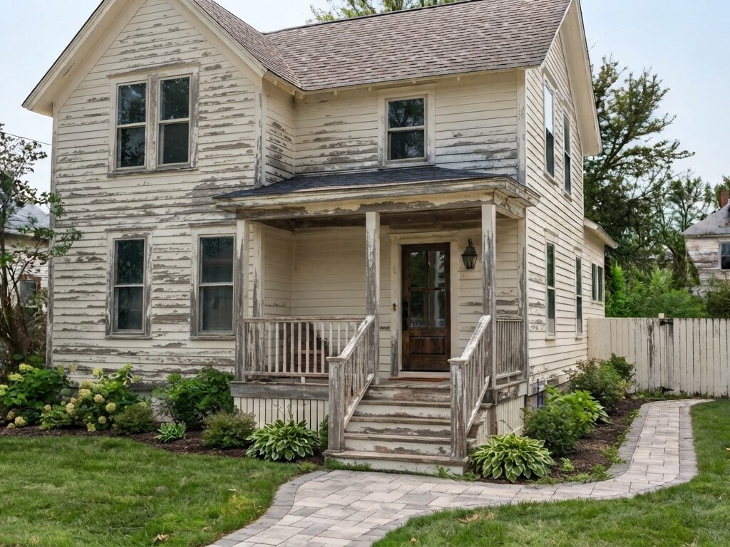 House exterior before repainting, worn and peeling siding