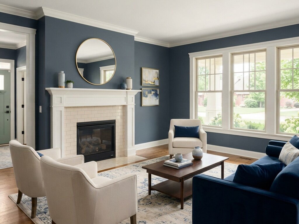 Living room after repainting, refreshed accent wall