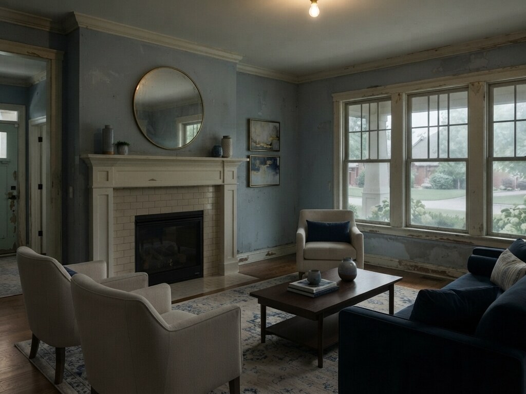Living room before repainting, dated and dimly lit